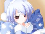  blue_hair blush hat kotonomiya_yuki long_sleeves looking_at_viewer nightcap pajamas pillow pom_pom_(clothes) red_eyes sleeves_past_wrists smile snowman_print solo su... suigetsu watermark web_address 