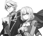  1boy 1girl ahoge braid braided_ponytail cape command_spell dress fate/strange_fake fate_(series) formal_clothes glasses gloves greyscale hair_ornament highres holding_hands jacket long_hair medium_hair monochrome muen_ooo multicolored_hair open_mouth richard_i_(bilibili_world)_(fate) richard_i_(fate) sajou_ayaka_(bilibili_world)_(fate/strange_fake) sajou_ayaka_(fate/strange_fake) see-through_clothes see-through_sleeves shirt simple_background single_braid smile suit upper_body white_background 