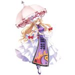  1girl blonde_hair bow closed_mouth dress frilled_dress frills full_body game_asset hair_bow hat hat_ribbon highres hirano_katsuyuki holding holding_umbrella long_hair long_sleeves looking_at_viewer mob_cap multiple_hair_bows non-web_source official_art parasol purple_eyes purple_shoes purple_tabard red_bow red_ribbon ribbon self-datamine shoes simple_background smile solo tabard touhou touhou_spell_carnival transparent_background umbrella white_dress wide_sleeves yakumo_yukari yin_yang yin_yang_print 