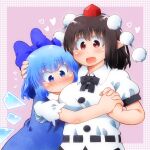  2girls black_bow black_bowtie blue_bow blue_dress blue_eyes blue_hair blush bow bowtie brown_hair cirno closed_mouth collared_shirt commentary_request detached_wings dress hair_bow hat heart highres holding_hands hug ice ice_wings interlocked_fingers matty_(zuwzi) missing_wings multiple_girls open_mouth pinafore_dress pointy_ears pom_pom_(clothes) puffy_short_sleeves puffy_sleeves red_eyes red_hat shameimaru_aya shirt short_sleeves sleeveless sleeveless_dress smile tokin_hat touhou white_shirt wings yuri 