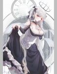  1girl absurdres azur_lane black_dress black_nails black_ribbon breasts cleavage clock clothes_lift commentary_request dress dress_lift formidable_(azur_lane) frilled_dress frills gothic_lolita grey_hair hair_ribbon hand_on_own_chest highres kewei_xmeng large_breasts lolita_fashion long_hair looking_at_viewer parted_lips red_eyes ribbon signature solo twintails two-tone_dress very_long_hair white_dress white_ribbon 