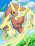  1girl absurdres black_sclera closed_mouth cloud cloudy_sky colored_sclera commentary_request crescent_moon day full_body furry furry_female grass highres holding looking_at_viewer lopunny moon nene_(neneneno_nenene) other_focus outdoors pink_eyes pokemon pokemon_(creature) pokemon_focus sky smile solo watermark yellow_fur 