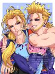  2boys arm_around_shoulder armor artist_name beard blonde_hair blue_armor blue_background blue_eyes blue_ribbon blue_shirt border brothers chinstrap_beard closed_mouth earrings edgar_roni_figaro facial_hair final_fantasy final_fantasy_vi grin hair_over_shoulder hair_ribbon highres jewelry long_hair looking_at_another low_ponytail male_focus multiple_boys ponytail ribbon sabin_rene_figaro shikiwo shirt short_hair siblings sleeveless sleeveless_shirt smile teeth twins upper_body wavy_hair white_border 