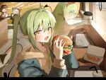  4girls aru_(blue_archive) blue_archive blue_jacket blush bow_hairband burger chicken_nuggets commentary_request cup demon_girl demon_tail disposable_cup drinking_straw eating fast_food food green_hair hairband halo highres hikari_(blue_archive) hikari_(mom's_touch)_(blue_archive) holding holding_burger holding_food hood hood_down hoodie hutomomo117 indoors jacket long_hair looking_at_viewer mom's_touch multiple_girls mutsuki_(blue_archive) nozomi_(blue_archive) nozomi_(mom's_touch)_(blue_archive) open_clothes open_jacket open_mouth orange_hairband pointy_ears red_halo restaurant saliva sparkle sweatdrop tail tray twintails window yellow_eyes yellow_hoodie 