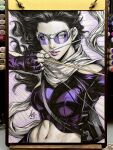  1girl 2021 arrow_(projectile) art_tools_in_frame black_hair bow_(weapon) breasts clothing_cutout commentary drawing_bow english_commentary fingerless_gloves glasses gloves grey_scarf highres holding holding_bow_(weapon) holding_weapon kate_bishop large_breasts marker_(medium) marvel midriff navel photo_(medium) purple_gloves purple_lips purple_shirt quiver scarf shirt shoulder_cutout signature simple_background solo stanley_lau traditional_media upper_body weapon 