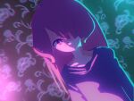  1girl akubuu_(rkzp3544) animal_ears animal_nose aqua_theme artist_name bright_pupils chromatic_aberration closed_mouth collarbone dog_ears dog_girl dutch_angle expressionless floppy_ears furry furry_female hair_over_one_eye highres original patterned_background purple_eyes purple_hair purple_theme solo upper_body white_pupils 