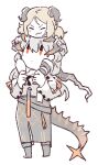  2girls arknights betchan blonde_hair carrying commentary_request demon_horns demon_wings dragon_girl dragon_horns dragon_tail highres horns ifrit_(arknights) multiple_girls orange_eyes piggyback saria_(arknights) tail white_background white_hair wings 