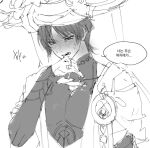  1boy anemo_symbol_(genshin_impact) armor bishounen blunt_ends blush bodysuit bridal_gauntlets commentary_request covered_collarbone dokseong embarrassed full-face_blush gem genshin_impact greyscale hand_up hat japanese_armor japanese_clothes jingasa kimono korean_commentary kote male_focus middle_ring monochrome neck_blush open_clothes open_hand open_kimono open_mouth parted_bangs pectorals pom_pom_(clothes) portrait scaramouche_(genshin_impact) short_sleeves shoulder_peek side_cape sketch solo teeth toned tsurime vision_(genshin_impact) wanderer_(genshin_impact) white_background 