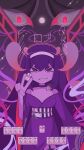  1girl animal_on_shoulder black_choker breasts chaoticveemo choker commentary cowboy_shot english_commentary grin hairband hedgehog highres holding holding_mahjong_tile long_hair long_sleeves looking_at_viewer mahjong mahjong_soul mahjong_tile medium_breasts nikaidou_miki obi off_shoulder purple_background purple_eyes purple_hair sash smile solo suukantsu torii white_hairband white_sash wide_sleeves 