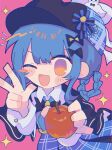  1girl :d ;d apple bird_hat_ornament black_bow black_bowtie black_capelet black_hat blue_hair blue_necktie blue_skirt blush_stickers bow bowtie braid braided_hair_rings capelet collared_shirt deerstalker food fruit grey_vest hair_bow hair_rings hat hat_bow highres holding holding_food holding_fruit layered_skirt long_sleeves mahou_shoujo_no_majo_saiban necktie one_eye_closed open_mouth pink_background plaid_clothes plaid_skirt rariru_(rariru_2k) shirt short_hair simple_background skirt smile solo sparkle tachibana_sherry upper_body vest white_shirt yellow_eyes 