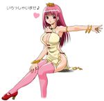  aitanikofu bangle bangs blush blush_stickers bracelet breasts cleavage crown eighth_note eyebrows eyebrows_visible_through_hair hand_on_leg hat heart high_heels jewelry large_breasts long_hair musical_note no_panties original outstretched_arm parted_lips pink_hair pink_legwear simple_background solo thighhighs white_background 