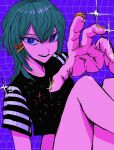  1girl aqua_hair arm_up black_shirt blue_eyes colored_skin commentary_request feet_out_of_frame hair_between_eyes hair_ornament hairclip highres knees_up looking_at_viewer lui_n24 medium_hair nail_polish open_hand open_mouth orange_nails orange_pupils original pink_skin purple_background reaching reaching_towards_viewer revision shirt short_sleeves sitting smile solo sparkle sparkling_aura star_(symbol) star_print striped_sleeves t-shirt teeth upper_teeth_only wolf_cut x_hair_ornament 