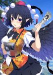  1girl bird_wings black_bow black_bowtie black_feathers black_hair black_wings blue_sky blush bow bowtie breasts bunbunmaru camera camera_around_neck character_print commentary_request day falling_feathers feathers frilled_skirt frills hat highres holding holding_camera holding_newspaper kitaura_kasumi large_breasts leaf_print looking_at_viewer maple_leaf_print newspaper open_mouth pointy_ears pom_pom_(clothes) puffy_short_sleeves puffy_sleeves red_eyes red_hat shameimaru_aya shirt short_hair short_sleeves skirt sky solo tokin_hat touhou white_shirt wings 