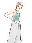  1girl absurdres alternate_costume baggy_pants bare_arms bare_shoulders breasts brown_eyes brown_hair camisole closed_mouth collarbone commentary feet_out_of_frame green_camisole grey_pants hand_on_own_hip highres lips looking_at_viewer midriff_peek miucha_(one_piece) navel one_piece one_piece_heroines pants short_hair signature small_breasts solo spaghetti_strap suwa_sayaka white_background 