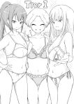  3girls absurdres azuminonomizua blush bra breasts closed_eyes closed_mouth collarbone commentary_request cowboy_shot english_text frilled_bra frills greyscale hair_between_eyes hand_on_own_hip happy highres katou_asuka large_breasts lingerie long_hair looking_at_viewer monochrome multiple_girls narita_miho navel open_mouth outstretched_hand panties ponytail reaching reaching_towards_viewer sasaki_fuuka short_hair side-tie_panties smile sparkle split_mouth underwear underwear_only watashi_ga_motenai_no_wa_dou_kangaetemo_omaera_ga_warui! 