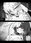  2girls blush breasts breath chisa_(peach_parfait)_(wuthering_waves) chisa_(wuthering_waves) commentary_request female_pov fruit_earrings grabbing_another's_breast greyscale groping hair_between_eyes hickey highres large_breasts long_hair looking_at_viewer lynae_(peppermint)_(wuthering_waves) lynae_(wuthering_waves) mole mole_under_eye monochrome multiple_girls official_alternate_costume pov red_eyes saliva saliva_trail shirt spot_color starblame tongue tongue_out wuthering_waves yuri 