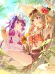  2girls :q absurdres alternate_costume bikini black_hair blue_eyes blue_flower breasts brown-tinted_eyewear closed_mouth columbina_(genshin_impact) commentary cup day dress drinking_glass eyewear_on_head fingernails flower food genshin_impact goggles hair_flower hair_ornament hands_up hat highres holding holding_cup holding_food holding_ice_cream holding_ice_cream_cone ice_cream ice_cream_cone long_hair long_sidelocks looking_at_another medium_breasts multicolored_hair multiple_girls nail_polish open_mouth outdoors pink_flower pponnya purple_eyes purple_hair red_bikini red_nails sandrone_(genshin_impact) sidelocks sitting stomach sunglasses swim_goggles swimsuit teapot tinted_eyewear tongue tongue_out twitter_username untranslatable_commentary unusually_open_eyes white_dress white_hat wide_brim 