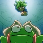  1girl antennae backlighting blue_fairy_(poke_all_toads) blue_robe closed_mouth clueless commentary english_commentary fairy floating_hair flying foreshortening from_below frown green_hair impending_doom leaf looking_at_animal motion_lines pointing_at_animal poke_all_toads robe sketch smile smug soandnb speed_lines thick_lineart toad_(animal) toon_(style) 