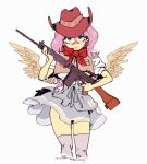  1girl aqua_eyes artist_name bandaid bandaid_on_face bandaid_on_nose battle_rifle breasts brown_vest closed_mouth commentary cowboy_hat cowboy_shot cropped_legs cropped_vest feathered_wings fluttershy fn_fal grey_skirt grey_thighhighs gun hair_between_eyes hat highres holding holding_gun holding_weapon humanization looking_at_viewer medium_breasts medium_hair my_little_pony my_little_pony:_friendship_is_magic neckerchief pink_hair puffy_short_sleeves puffy_sleeves red_hat red_neckerchief rifle shirt short_sleeves skirt solo thighhighs vest weapon white_background white_shirt wings wise_fully zettai_ryouiki 
