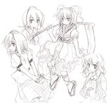  ascot greyscale hat kazami_yuuka monochrome multiple_girls onozuka_komachi plaid plaid_vest sandals scythe shameimaru_aya sitting sketch tokin_hat touhou vest yukitarou_(awamori) 