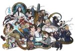  black_hair blonde_hair breasts brown_hair cat closed_mouth commentary_request dara-san_(reiwa_no_dara-san) dog extra_arms glasses hat highres japanese_clothes lab_coat large_breasts long_hair miko misogiya_hinata misogiya_kaoru monitor monster_girl open_mouth reiwa_no_dara-san school_uniform short_hair shorts skirt small_breasts smile snake_girl snake_tail tail tomotsuka_haruomi torii white_background 