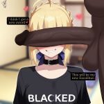  1boy 1girl absurdres ahoge artoria_pendragon_(fate) blacked_(phrase) blacked_female blonde_hair blue_ribbon blurry blurry_background blush braid breasts clothes_writing collar collarbone dark-skinned_male dark_skin english_text erection fate/stay_night fate_(series) hair_bun hair_ribbon heart hetero highres indoors interracial large_penis lorddantesito penis penis_focus penis_on_face penis_over_eyes portrait race_fetishism ribbon saber_(fate) saliva shirt short_sleeves sidelocks signature small_breasts smile speech_bubble t-shirt testicles uncensored veins veiny_penis very_dark_skin 