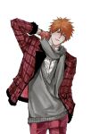  1boy bleach blush closed_mouth dress_shirt facing_viewer gloves grey_scarf grey_sweater_vest hand_in_pocket highres jacket kurosaki_ichigo looking_to_the_side male_focus one_eye_closed open_clothes open_jacket orange_gloves orange_hair pants red_jacket red_pants scarf shirt short_hair simple_background solo sso_s sweater_under_jacket sweater_vest white_background white_shirt 