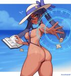  1girl ^^^ aqua_eyes artist_name ass beach black_hair blue_bow blue_one-piece_swimsuit blue_sky blurry blurry_background blush book border bow breasts casting_spell cloud commentary cowboy_shot embarrassed english_commentary floating floating_book floating_object from_behind genshin_impact hair_ornament hat hat_bow horizon kuroonehalf letterboxed long_hair looking_at_viewer looking_back magic_circle medium_breasts mona_(genshin_impact) one-piece_swimsuit one-piece_thong open_book open_mouth outside_border outstretched_arm sand sky solo standing star_(symbol) star_hair_ornament sun_hat surprised swimsuit tan tanlines thighs thong twintails water wet white_border 