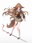  1girl alternate_costume animal_ear_fluff animal_ears aurelia_academy_school_uniform black_shoes black_sweater bow brown_hair brown_tail chest_bow closed_mouth commentary_request droopy_ears floating floating_hair floating_object floating_sword floating_weapon full_body green_skirt hairband highres jian_(weapon) kneehighs long_hair red_eyes school_uniform shoes simple_background skirt smile socks solo standing_on_sword sweater sword sword_tassel tassel very_long_hair weapon weapon_tassel white_background white_socks ye_shunguang yellow_bow yuanweijjjj zenless_zone_zero 