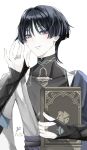  1boy 2026 armor belt bishounen black_belt black_bodysuit black_bridal_gauntlets blue_cape blunt_ends bodysuit book bridal_gauntlets cape commentary_request covered_collarbone eyelashes eyeliner fingernails genshin_impact gold_ring grey_eyes hand_up highres holding holding_book insignia japanese_armor japanese_clothes jazz_(texf3555) kimono kote kurokote looking_at_viewer makeup male_focus mandarin_collar middle_ring open_clothes open_hand open_kimono pale_skin parted_lips purple_rope purple_sash red_eyeliner rope sash scaramouche_(genshin_impact) shoulder_peek side_cape solo tsurime upper_body variant_set wanderer_(genshin_impact) white_kimono white_mouth wispy_bangs 