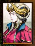  1girl 2022 blonde_hair blue_eyes breasts cloak closed_mouth commentary crown edelgard_von_hresvelg edelgard_von_hresvelg_(timeskip) english_commentary fake_horns fire_emblem fire_emblem:_three_houses hair_bun headpiece highres horns large_breasts looking_ahead marker_(medium) photo_(medium) red_cloak red_shirt serious shirt signature simple_background solo stanley_lau traditional_media upper_body v-shaped_eyebrows 