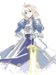  1girl absurdres antenna_hair arcueid_brunestud armor artoria_pendragon_(fate) blonde_hair commentary cosplay english_commentary excalibur_(fate/stay_night) fate/stay_night fate_(series) highres holding holding_sword holding_weapon jonyeld red_eyes saber_(fate) saber_(fate)_(cosplay) short_hair simple_background single_hair_intake sketch solo sword tsukihime weapon white_background 