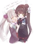  2girls @_@ black_hair black_robe blunt_bangs blush commentary_request cowboy_shot cropped_legs embarrassed epaulettes frown green_eyes heaven_burns_red highres horns hug korean_commentary korean_text long_hair long_sleeves looking_at_another looking_at_viewer milchu multiple_girls natsume_inori neck_ribbon nose_blush ogasahara_hisame ponytail purple_ribbon ribbon robe sketch translation_request twintails very_long_hair white_hair yellow_eyes yuri 