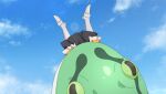 1girl animal armor armored_boots black_skirt blue_sky boots cannibalism cloud darkness_(konosuba) day game_asset giant_snake green_snake highres kono_subarashii_sekai_ni_shukufuku_wo! kono_subarashii_sekai_ni_shukufuku_wo!_kono_yokubukai_game_ni_shinpan_o! lens_flare non-web_source official_art outdoors oversized_animal self-datamine skirt sky snake upside-down yellow_armor 