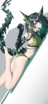  1girl absurdres arknights barefoot bikini black_hair breasts colored_inner_hair commentary fangs green_bikini green_hair highres lying medium_breasts medium_hair mon3tr_(arknights) multicolored_hair on_stomach rui_(rei_leyi) solo swimsuit tail 