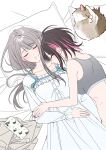  2girls absurdres bite_mark bite_mark_on_neck brown_hair cat collarbone colored_inner_hair commentary couple drooling grey_hair grey_sports_bra hickey highres jovei long_hair long_sleeves lying mouth_drool multicolored_hair multiple_girls open_mouth pink_hair saotome_shino_(shino_to_ren) shino_to_ren shirayuki_ren short_hair sleeping sports_bra untranslatable_commentary white_background yuri 