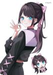  1girl absurdres arata_ryou arm_at_side artist_name black_hair black_serafuku black_shirt black_skirt blue_eyes bow chibi chibi_inset closed_mouth colored_inner_hair commentary cross-laced_clothes cross-laced_sleeves fang from_behind hair_bow hair_intakes hand_up highres kaga_nazuna kaga_nazuna_(6th_costume) light_smile long_hair long_sleeves looking_at_viewer looking_back mole mole_under_eye multicolored_hair multiple_views ok_sign pink_bow pink_hair pink_sailor_collar ponytail sailor_collar school_uniform serafuku shirt simple_background skin_fang skirt turning_head twitter_username virtual_youtuber vspo! white_background 