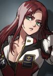  1girl absurdres breasts christina_mackenzie cleavage commentary_request cropped_torso earth_federation_space_forces green_eyes grey_background gundam gundam_0080 highres long_hair looking_to_the_side mecha_pilot_suit military_rank_insignia normal_suit_(gundam) parted_lips red_hair science_fiction sidechest_atm solo 