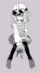  1girl charm_(object) closed_mouth commentary_request expressionless goggles goggles_on_headwear greyscale helmet highres key keyring long_sleeves medium_hair monochrome pantyhose plaid_clothes plaid_sweater_vest sanada_ima shoes simple_background skirt solo sweater_vest urotsuki yume_2kki 