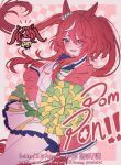 1girl animal_ears blush breasts cheerleader chibi commentary ear_covers english_commentary feather_hair_ornament feathers fuyurnn genkai_made_pom_pon!! green_eyes hair_between_eyes hair_ornament holding holding_pom_poms horse_ears horse_girl horse_tail jacket long_hair looking_at_viewer low_twintails multicolored_hair one_eye_closed open_clothes open_jacket open_mouth pom_pom_(cheerleading) red_hair red_jacket shirt skirt small_breasts smile solo streaked_hair tail twintails umamusume white_shirt white_skirt white_streaks win_variation_(umamusume) 