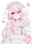  1girl animal_hood artist_name blush bow cherry choker collarbone commentary dress food frilled_choker frills fruit hair_between_eyes hair_ornament highres hood long_hair long_sleeves looking_at_viewer nijisanji official_alternate_costume ok_sign open_mouth pajamas pink_eyes pink_hair rabbit_hair_ornament rabbit_hood shiina_yuika signature simple_background solo ueki8 virtual_youtuber white_background white_bow white_choker white_dress white_headdress white_pajamas 
