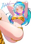  1girl :o ahoge alt_text animal_print aqua_hair arms_behind_head bikini blue_hair breasts colored_inner_hair commentary_request cone_horns fur_bikini highres horns itou_kazuki large_breasts long_hair looking_at_viewer lum multicolored_hair navel oni parted_lips pointy_ears print_bikini purple_hair signature simple_background small_horns solo strapless strapless_bikini swimsuit thighs tiger_print tiger_print_bikini urusei_yatsura white_background yellow_bikini yellow_eyes yellow_horns 