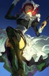  1girl absurdres apron black_dress blue_background blunt_bangs boots brown_boots chinstrap commentary dress frilled_dress frills from_below garter_straps glowing glowing_eye gun half-closed_eyes handgun highres holding holding_gun holding_weapon knee_boots kuroshitsuji long_sleeves looking_at_viewer lostack maid maid_apron maid_headdress meirin_(kuroshitsuji) midair no_eyewear painterly parted_lips puffy_sleeves red_eyes red_hair short_hair short_twintails simple_background solo thighhighs twintails untranslatable_commentary weapon white_apron white_thighhighs 