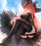  1girl ars_lycorys ass ass_focus belt belt_buckle black_dress black_flower black_hat black_panties black_rose black_skirt black_souls black_souls_2 black_thighhighs blue_sky breasts buckle commentary corset dress feet flower foot_focus fur_trim groin hat highres lace-trimmed_panties lace_trim large_breasts light_rays long_hair looking_at_viewer naughty_face panties pink_hair prickett_(black_souls) red_eyes rose skirt sky smile sun sunbeam sunlight thighhighs thong thong_panties underboob underwear wide_hips witch witch_hat 