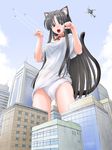  :d aircraft airplane animal_ears bell black_hair bottomless brown_eyes building cat_ears cat_tail condensation_trail copyright_request covered_nipples day eichikei_(hakuto) fangs giantess helicopter jingle_bell long_hair no_pants open_mouth panties paw_pose shirt smile solo tail underwear very_long_hair white_panties 