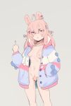  1girl ahoge angry animal_ears arbuz_budesh bow breasts ear_bow english_commentary female_pubic_hair grey_background hair_bow hair_ornament hand_in_pocket heart heart_hair_ornament jacket long_hair looking_at_viewer middle_finger naked_jacket phase_connect pink_eyes pink_hair pipkin_pippa pipkin_pippa_(1st_costume) pubic_hair rabbit_ears rabbit_girl rabbit_hair_ornament rabbit_ornament simple_background small_breasts solo standing virtual_youtuber 