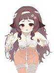  1girl ababa_(abb_q) animal_ears bandaged_arm bandaged_chest bandaged_head bandaged_leg bandaged_neck bandages blush breasts brown_hair claw_pose convenient_censoring estelle_(vtuber) hair_ornament highres indie_virtual_youtuber leaning_forward long_hair looking_at_viewer mole mole_on_arm mole_on_breast mole_on_shoulder mole_on_stomach mole_on_thigh mole_under_mouth multiple_moles mummy_costume naked_bandage navel no_panties open_mouth red_eyes second-party_source sheep_ears sheep_girl sheep_hair_ornament skindentation small_breasts smile solo sweatdrop virtual_youtuber white_background 