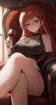  1girl absurdres akane_lize alcohol armpit_crease black_jacket black_shirt blonde_streaks breasts chair collarbone commentary crop_top cross cross_earrings crossed_legs cup drinking_glass ear_piercing earrings gem grey_eyes hair_ornament hairclip highres holding holding_cup iozikn jacket jacket_partially_removed jewelry long_hair looking_at_viewer mole mole_under_eye multicolored_hair necklace on_chair piercing red_gem red_hair see-through_cleavage see-through_clothes shadow shirt sitting stellive streaked_hair virtual_youtuber wine wine_glass 