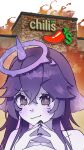 1girl arson blush building burning burning_building cailmeclara chili's closed_mouth colored_skin commentary crossed_bangs english_commentary eyelashes fingernails fire grey_skin hair_between_eyes highres indie_virtual_youtuber logo long_hair megalodon_(vtuber) official_art own_hands_together photo_inset purple_eyes purple_hair purple_nails restaurant smile solo star-shaped_pupils star_(symbol) symbol-shaped_pupils video_thumbnail virtual_youtuber white_background youtube_video_thumbnail 
