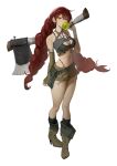  1girl absurdres angso axe bandaged_hand bandages boots braid breasts chewing_gum cleavage commentary criss-cross_halter full_body halterneck high_heels highleg highleg_panties highres holding holding_axe holding_weapon looking_at_viewer medium_breasts midriff navel original panties red_eyes red_hair short_shorts shorts simple_background solo string_panties twin_braids twintails underwear weapon white_background 